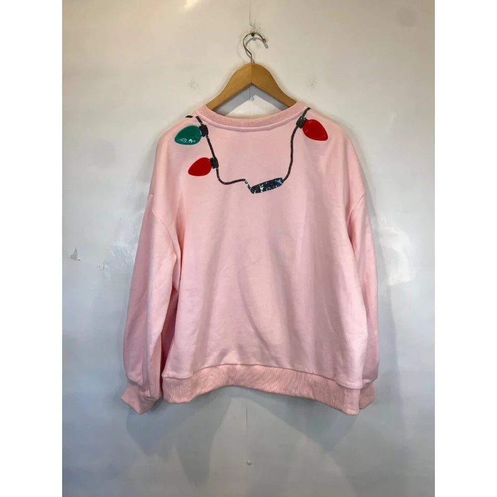 Queen of Sparkles Women's Christmas Light Necklace Sweatshirt Pink Size Medium - Picture 2 of 10